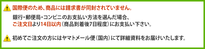 国際便のため、商品には請求書が同封されていません。初めてご注文の方にはヤマトメール便（国内）にて詳細資料をお届けいたします。